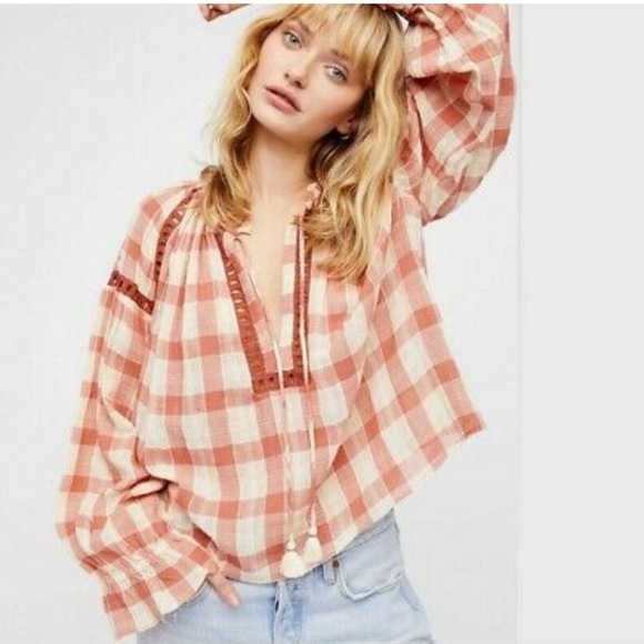 Free People Honey Grove Coral Gingham Plaid Boho Peasant Long Sleeve Blouse XS - Picture 1 of 8
